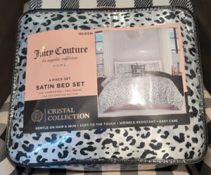 🖤👑 Juicy Couture Satin 4pc Reversible Blk/Cheetah Queen Set Ultra Luxe 👑🖤 - Picture 1 of 7