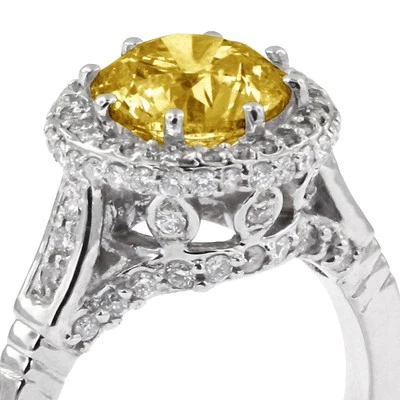 1.85ct Yellow SI2 Round Natural Certified Diamonds 18k Gold Halo Side-Stone Ring - Image 1 of 4