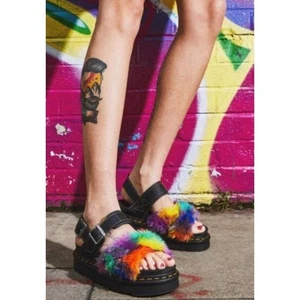 Dr. Martens Size 7 EU 38 VOSS II FLUFFY Faux Fur Leather Sandals Multicolor New - Picture 1 of 11