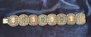 Vermeil Gilt Germany Carved Cameo Filigree Bracelet Sterling Silver Vintage - Picture 1 of 22