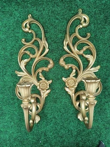 Apliques de velas Syroco placas florales doradas decoración de pared par vintage sirocowood - Imagen 1 de 10