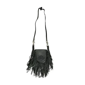 Vintage Harley Davidson Hip Bag Black Leather Fringe Purse Shoulder Strap Biker - Picture 1 of 12