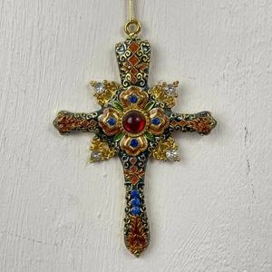 Weihnachtsschmuck Kreuz verziert goldfarben Metall rot blau Schmuck bunt abstrakt - Bild 1 von 2