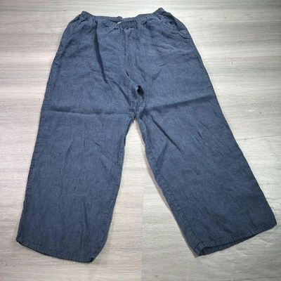 Льняные брюки женские маленькие синие 100% льняные эластичные на талии широкие штанины - Изображение 1 из 4
