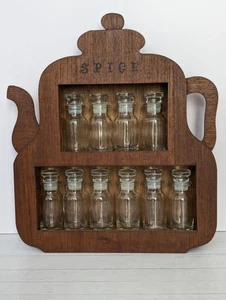Vintage Holz Teekanne Form Gewürzregal 10 Original Glasflaschen & Stopfen JAPAN - Bild 1 von 12