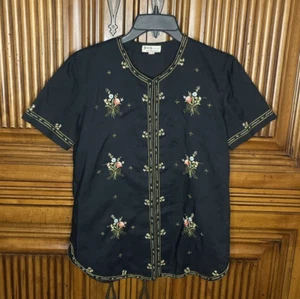 Jessy Womens Top Blouse Small Black Hand Embroidered Boho Delicate - Picture 1 of 13