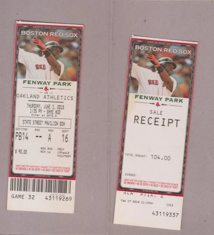 2 LOT FENWAY PARK GREATS 2010 MLB TICKET + RECEIPT DAVID ORTIZ BOSTON RED SOX Cover
