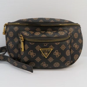 Guess Crossbody Bag Faux Leather Brown Logo Print Gold Hardware Adjustable Strap - Picture 1 of 10