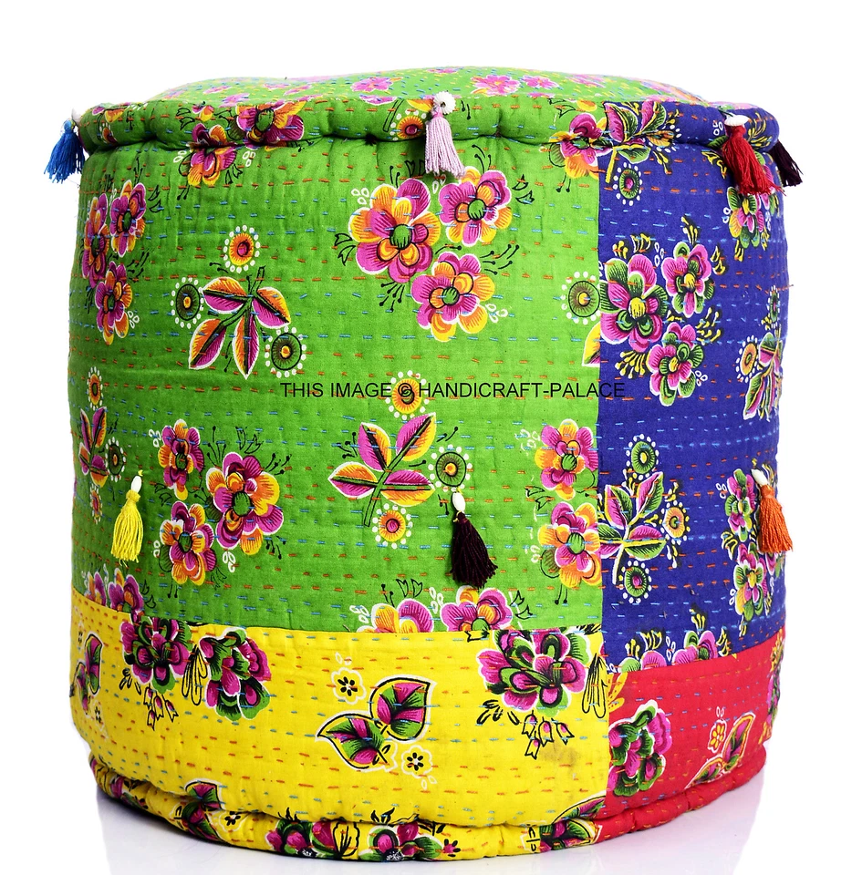Kantha Quilt Pouf Indian Handmade Floral Print Cotton Ottoman Filled Pouf Stool - Image 1 of 3