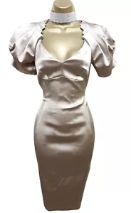 Size 10 UK KAREN MILLEN Champagne Satin Puff Sleeve Galaxy Wiggle Pencil Dress - Picture 1 of 6