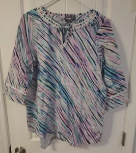Rafaella Top Women's Medium Tunic Blouse 100% Linen 3/4 Sleeve Pink Blue NWT - Picture 1 of 7