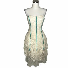N551 BETSEY JOHNSON Vintage Dress Size 4 Small White Blue Floral Lace Strapless