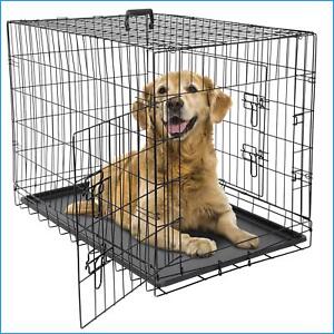  36" Dog Crate Kennel Folding Metal Pet Cage 2 Door With Tray Pan Black