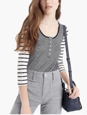 J.Crew Ribbed Henley Scoop Neck Tee Womens XS Blue Mixed Stripe - Image 1 of 4