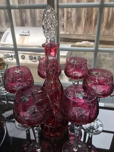 Nachtmann Traube Cranberry Cut to Clear Decanter  Hocks Goblets Set Of 7 - Picture 1 of 12