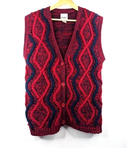 KORET Vintage 80s Red Blue Knit Button Handknit Retro Vest Cardigan Size M - Picture 1 of 6