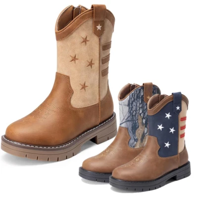 Western Cowboy Boots for Boys Girls Kids Side Zipper Mid Calf Riding Boots - Image 1 of 2