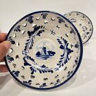 2 Delft Blue White Hand Painted Windmill Footed Ceramic Bowl Cut Out Hearts 6”