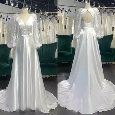 Vestidos de novia de satén de seda cuello en V manga larga sin espalda tren de barrido vestido de novia Foto 1 de 4