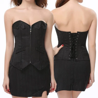 Women Gothic Office Stripes Suit Corset and Skirt Set Basques Club Party Outfits - Image 1 of 4