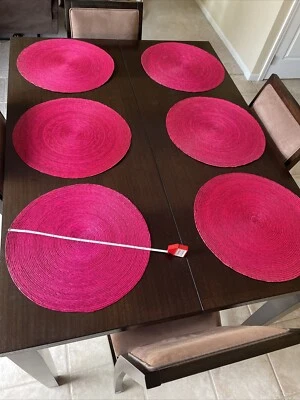 Crate & Barrel 16" Round Placemats 441-956 Tropical Palm Red Set Of 6 - Image 1 of 4