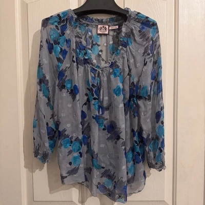 JUICY COUTURE Wmn Small 100% Silk Blue Floral 3/4 Sleeve Tunic Blouse Ruffle Y2K - Image 1 of 4