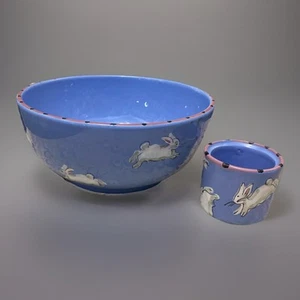 Patricia Dupont Bunny Rabbit Large Blue Pottery Bowl 9.5" dia.+ condiment jar - Picture 1 of 7