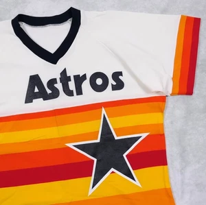 VTG 80s Houston Astros Sand-Knit Baseball Jersey Men's X-Large ~ Sunrise Stripe - Picture 1 of 8