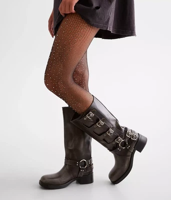 Steve Madden Brocks Distressed Leather Tall Moto Lug Boots Black Womans 8M - Image 1 of 4