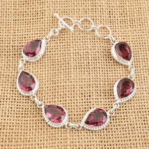 Pear Rhodolite Stone 925 Silver Elegant Unique Boho Chain Wife Bracelet Jewelry - Picture 1 of 6