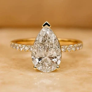 IGI 3.20 Pear Cut VS1 Lab Grown Diamond Solitaire Wedding Ring 14k Yellow Gold - Picture 1 of 8