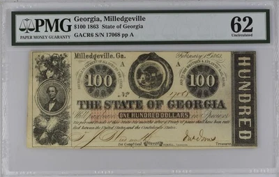 1863 $100 State Of Georgia Milledgeville Note PMG 62 Stained - Image 1 of 2