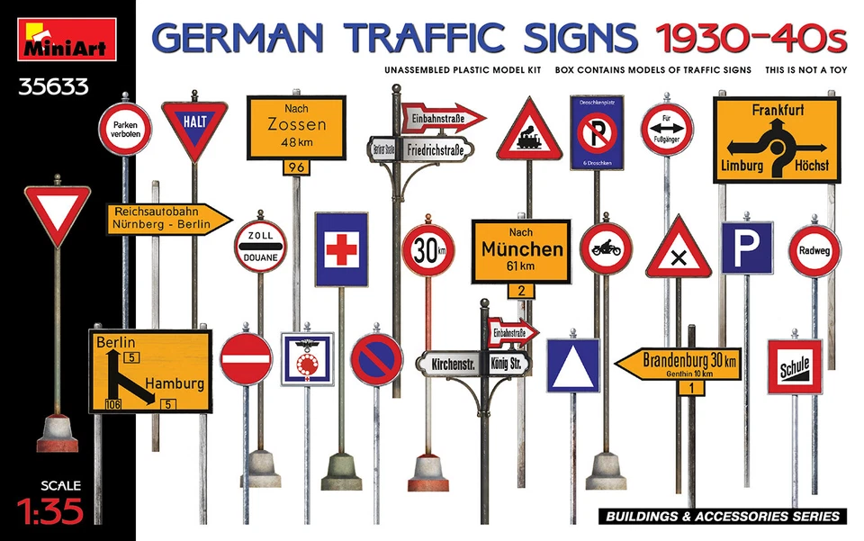 MINIART 1:35 KIT - GERMAN TRAFFIC SIGN 1930-40s SEGNALI STRADALI TEDESCHI 35633 - Immagine 1 di 1