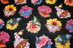 BUTTERFLY GARDEN ON BLACK FROM ELIZABETH'S STUDIOS- 100% COTTON FABRIC - Picture 1 of 7