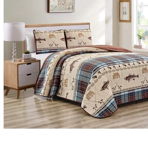 Full/Queen Fishing Lodge Cabin Quilt Set with Earth-Tone Plaid - Hypoallergenic - Picture 1 of 7