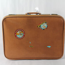 Vintage Skyline Luggage Brown Leather Suitcase No Keys 21" x 15" x 6" Stickers