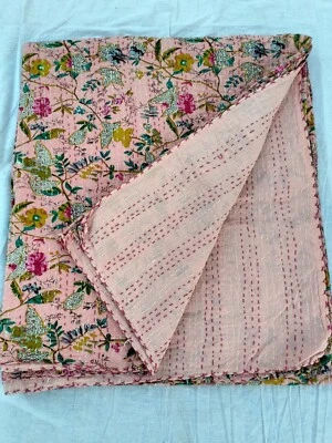 Embroidered Indian Handmade pink Kantha Quilt Bedspread Blanket Cotton Throw - Image 1 of 4