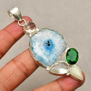 Solar Druzy Gemstone 925 Sterling Silver Handmade Jewelry Pendant 3.15" - Picture 1 of 8