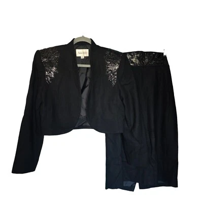 Vintage 80s Nolan Miller Wool Skirt Suit Power Suit Business Black Beaded Sz 12 - Image 1 of 4