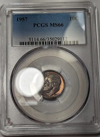 1957 - P - Roosevelt Silver Dime - PCGS - MS 66 - Toned Cover