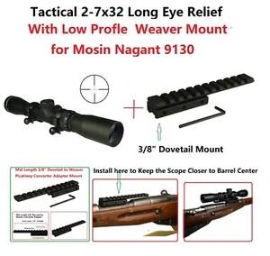 Mosin Nagant 2-7x32 Long Eye Relief Scope W Low Profile M44 M91 30 Scout Mount - Picture 1 of 2