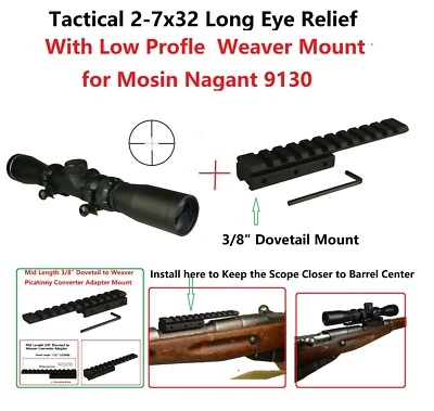 Mosin Nagant 2-7x32 Long Eye Relief Scope W Low Profile M44 M91 30 Scout Mount - Image 1 of 2