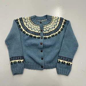 Vintage Hand Knitted Button Up Sweater Blue Scandanavian Style Womens Size Small - Picture 1 of 11