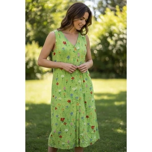 Jams World Damen Größe Medium Knopfleiste grün Blumenmuster ärmelloses Kleid Landhaus - Bild 1 von 9