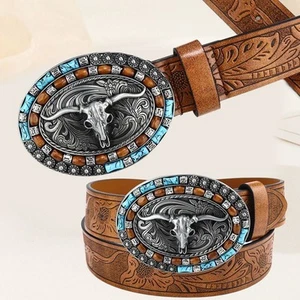 Vintage Mens Western Cowboy Belt Bull Pattern Waist Belt Buckle Belt Mens - Picture 1 of 22