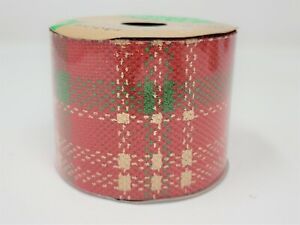 Crafter's Square Red, Green & Tan Plaid w/ Sparkles Burlap Ribbon - New