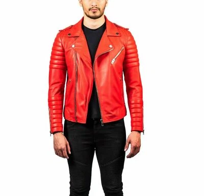 RED Biker Leather Jacket Men's Slim Fit Quilted Motorcycle Vintage Café Racer  - Image 1 of 4