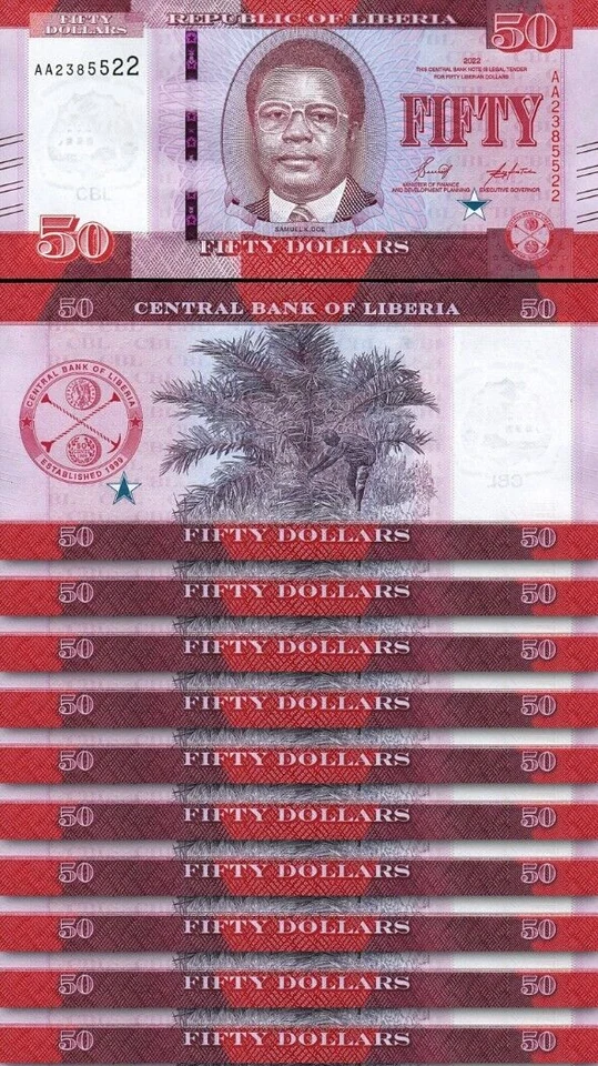 Liberia 50 Dollars 2022, UNC, 10 Pcs LOT, Consecutive, P-New Design - Image 1 of 4