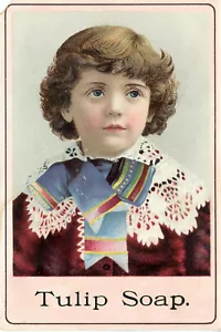 Carta commerciale vittoriana sapone tulipano 1890. Angelic Boy. Collare in pizzo e cravatta colorata - Foto 1 di 1