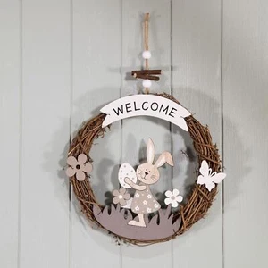 Door Wreath Easter Rattan Welcome Bunny Egg Décor Butterfly Flower 25cm - Picture 1 of 2